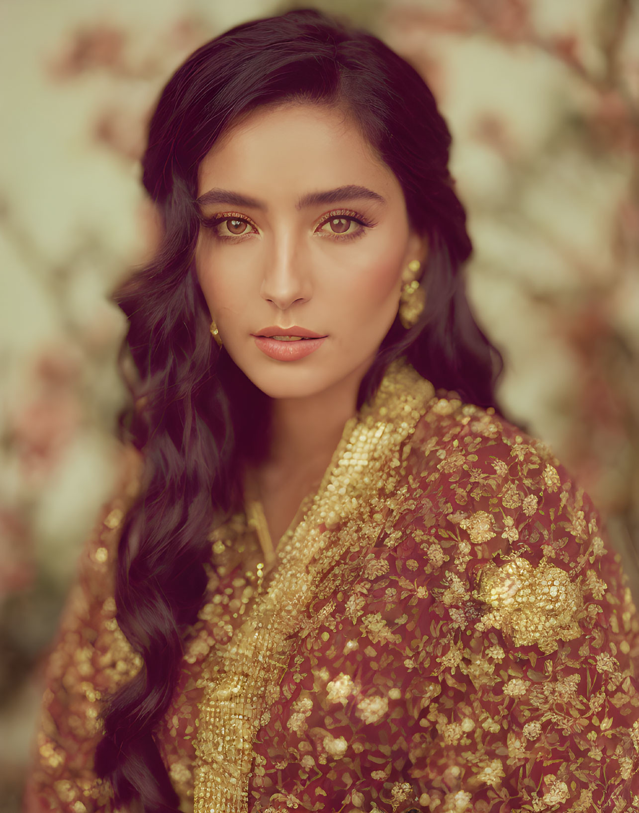 Dark-haired woman in golden embroidered outfit with floral background