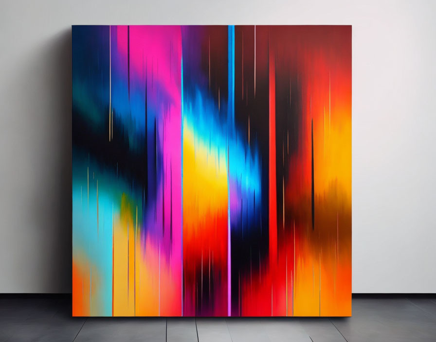 Colorful Abstract Painting with Vertical Streaks on White Wall