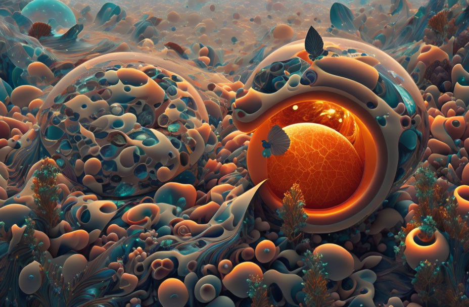 Alien landscape digital artwork with organic shapes and glowing sphere