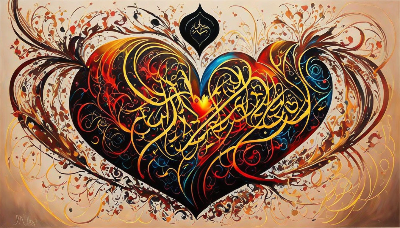 Colorful Heart-Shaped Abstract Painting with Arabic Calligraphy on Beige Background