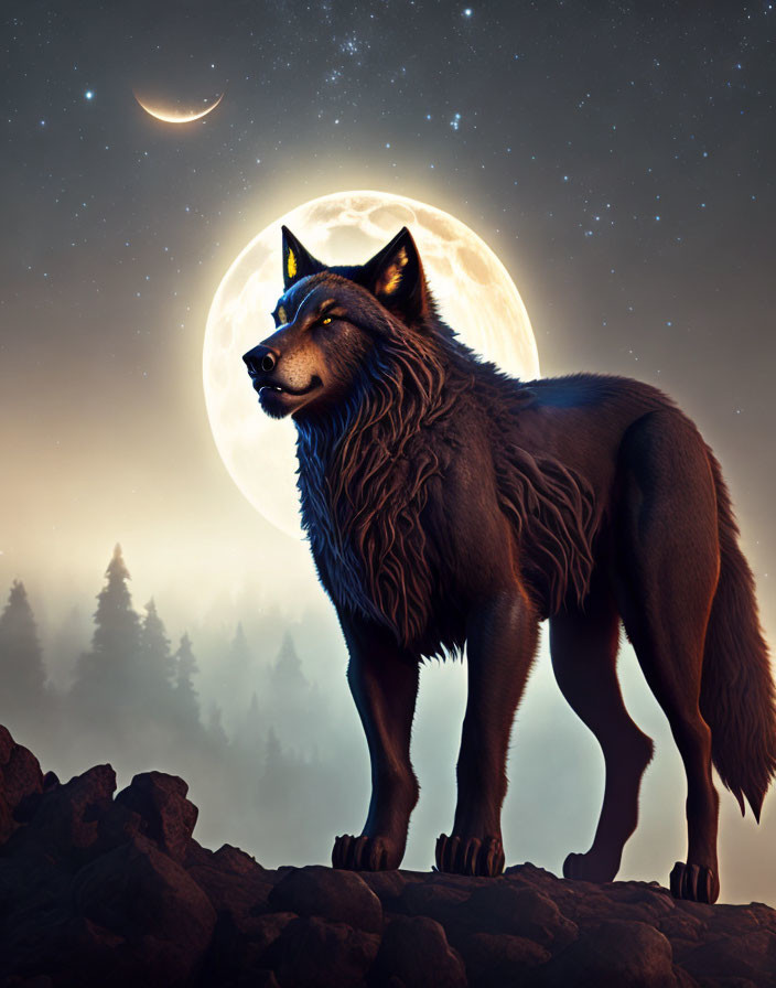 Black wolf on rocky outcrop under full moon and crescent moon