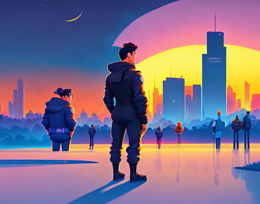 Colorful artwork of people admiring futuristic city at sunset