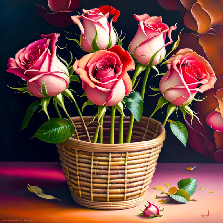 Pink Roses with Red Edges in Woven Basket on Dark Background