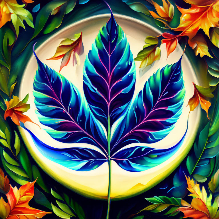 Symmetrical blue leaf in vibrant digital artwork