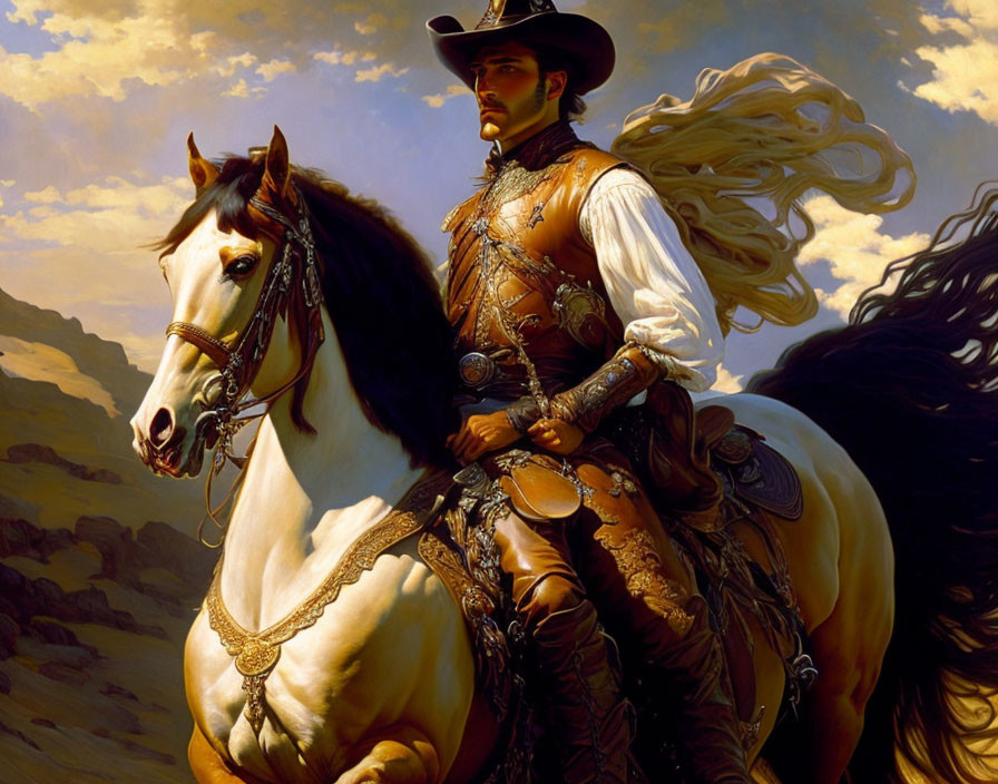 Cowboy riding brown horse under dramatic sky