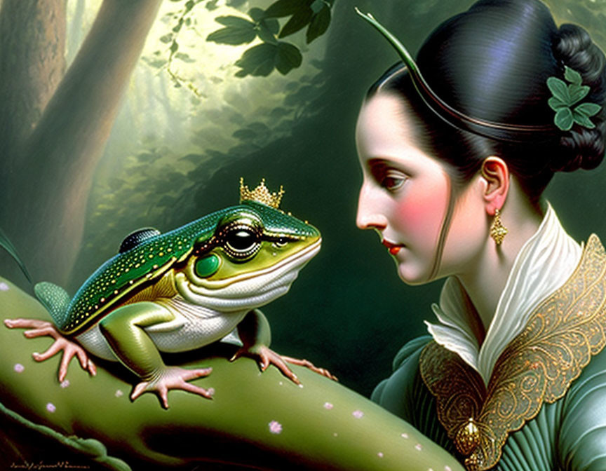 Fantasy painting of woman with crowned frog on branch