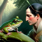 Fantasy painting of woman with crowned frog on branch