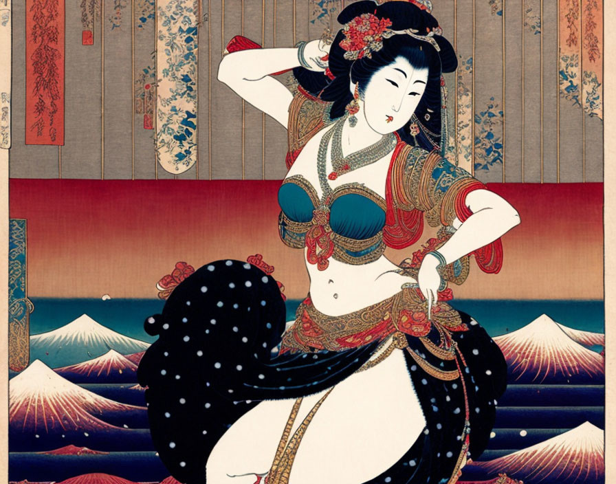 Japanese Woodblock Print: Geisha in Kimono with Mount Fuji & Waves