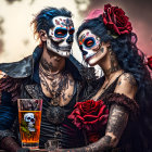 Couple in Dia de los Muertos makeup with floral and skeletal designs among vintage lanterns