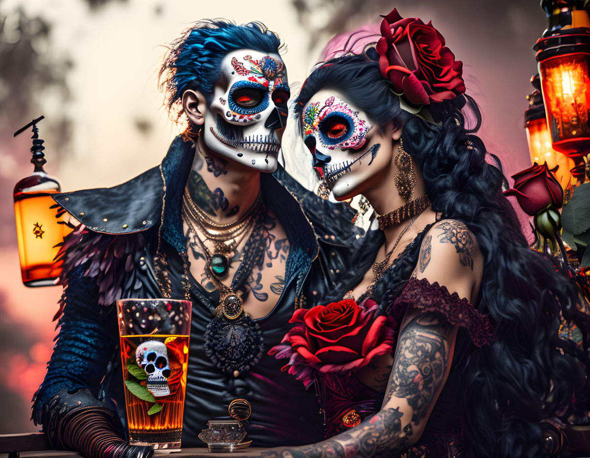 Couple in Dia de los Muertos makeup with floral and skeletal designs among vintage lanterns