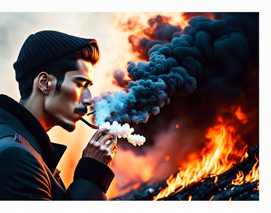 Man in Beanie and Earring Smoking Pipe Amid Intense Flames