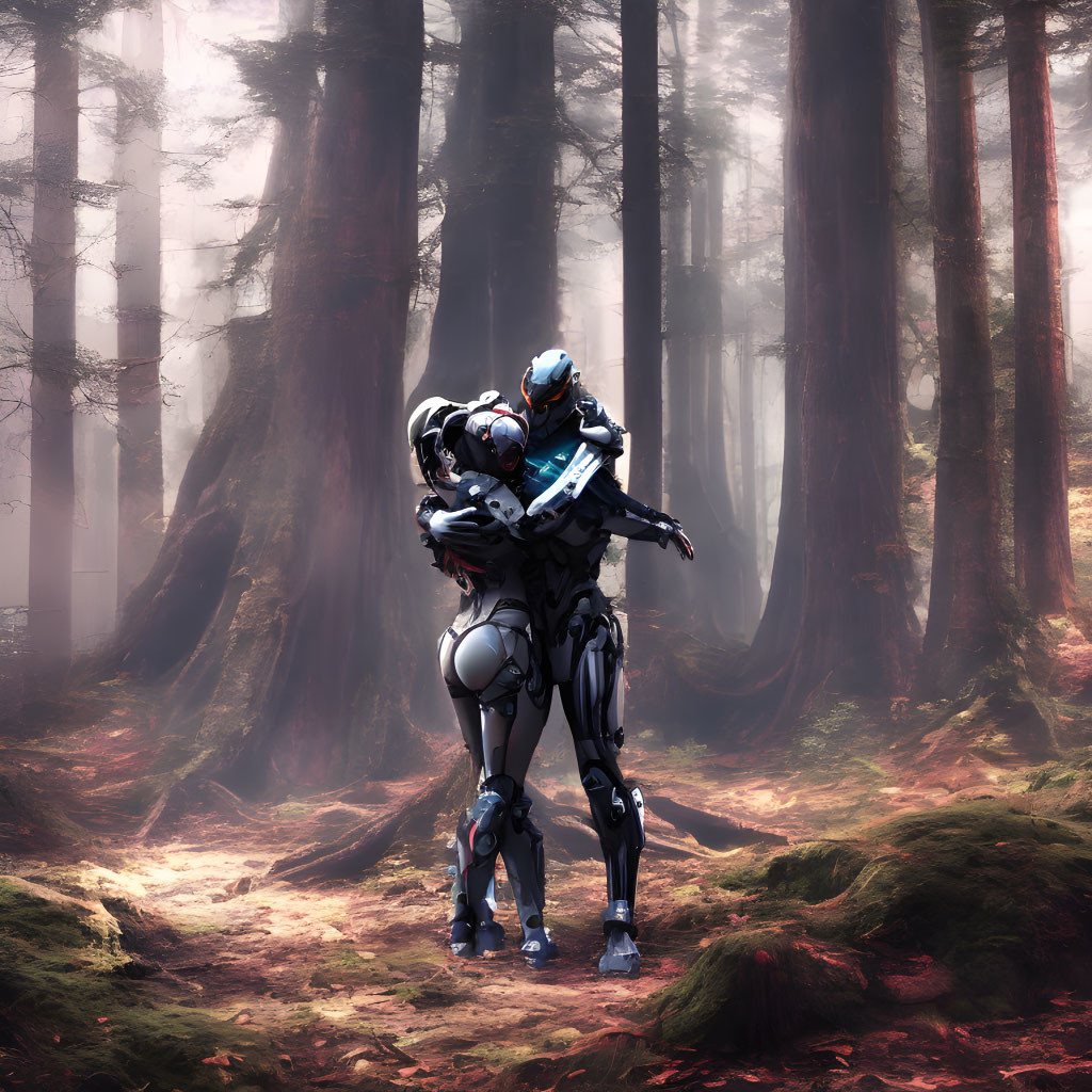 Futuristic humanoid robots in foggy forest landscape