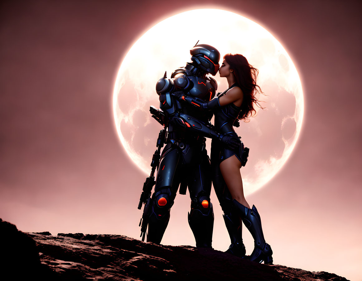 Armored robot and woman embrace under large reddish moon in futuristic landscape