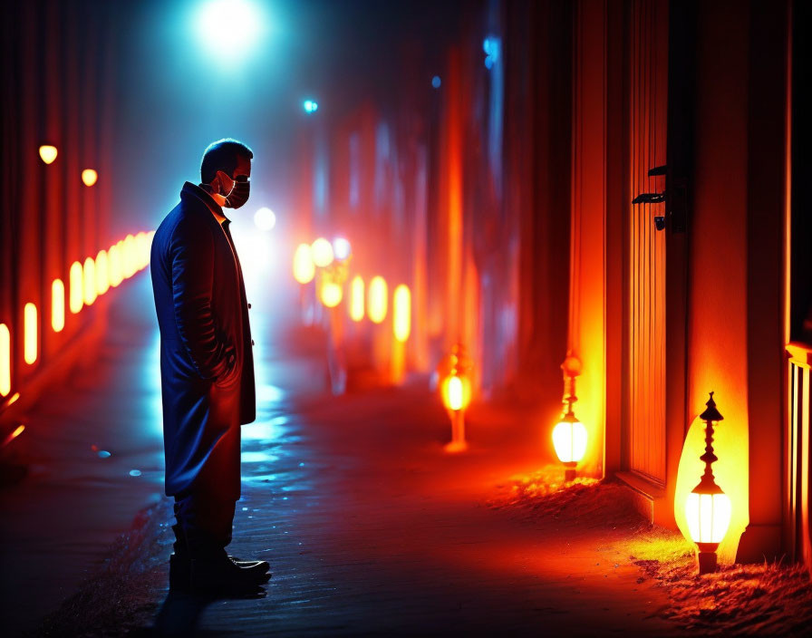 Man in coat and mask on neon-lit path with glowing lanterns