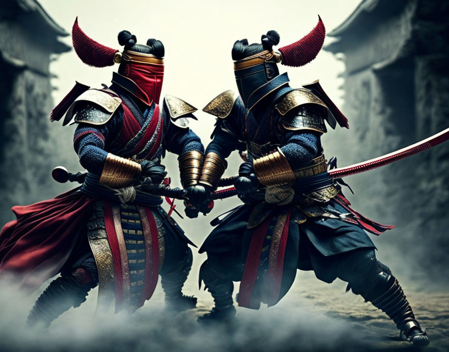 Armored samurai warriors duel with crossed swords in foggy Japanese setting