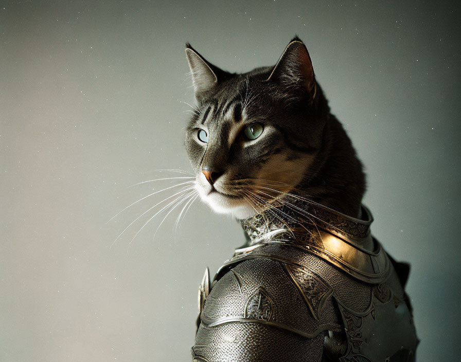 Cat in detailed metal knight's armor with noble appearance.