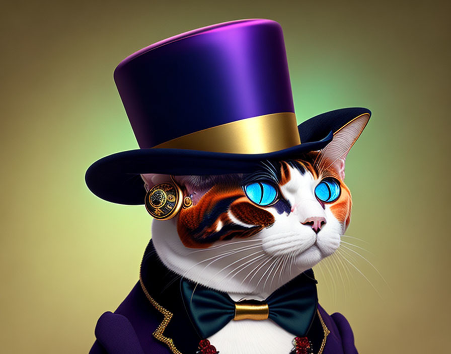 Digitally altered image: Cat with blue eyes in purple suit, bow tie, top hat, monoc