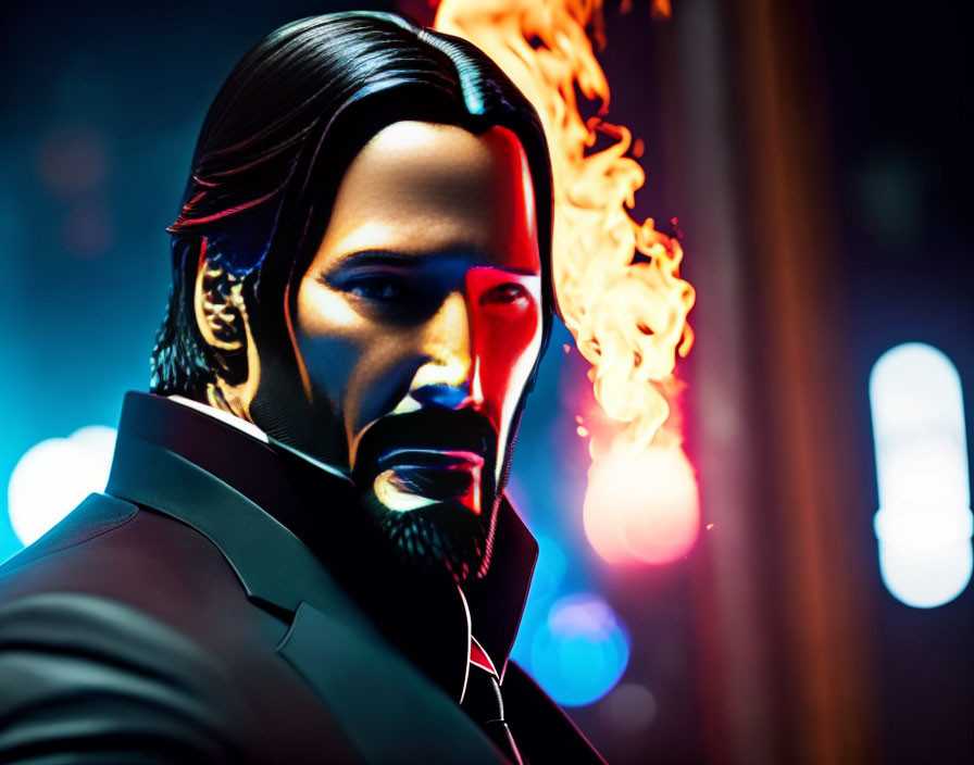 Stylized digital artwork: Man resembling Keanu Reeves with flaming crown on neon-lit background