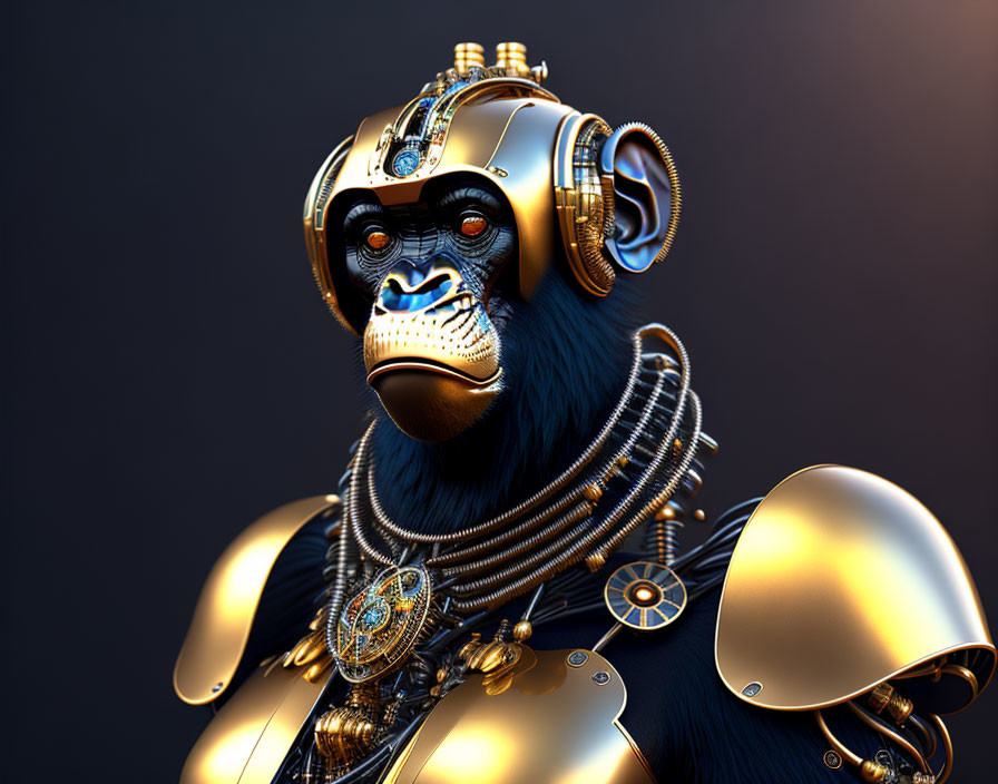 Cybernetic chimpanzee 3D illustration with gold and metal elements