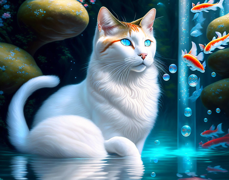 White Cat Watching Fish in Forest Stream with Orange Patterns