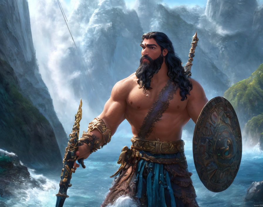 Muscular warrior with spear and shield at misty waterfall