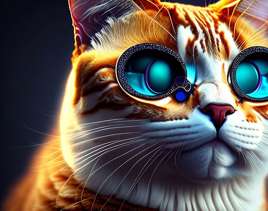 Digital Art: Cat with Large Blue Eyes and Glasses on Dark Background