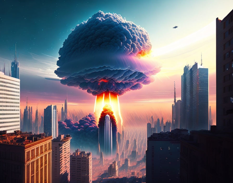 Futuristic cityscape with massive mushroom cloud at sunset