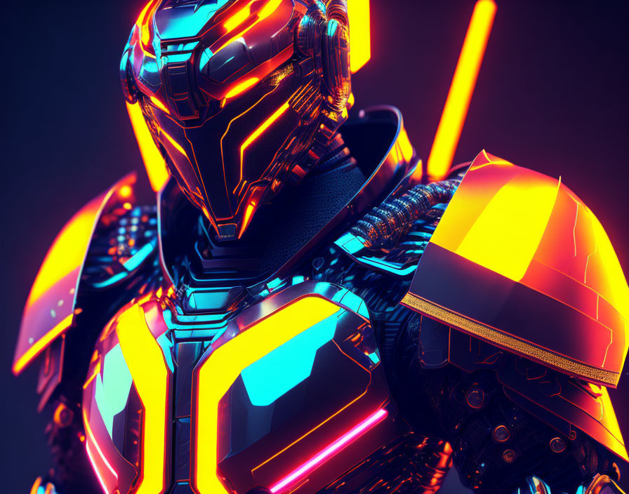 Futuristic robot with vibrant blue and orange lights on dark backdrop