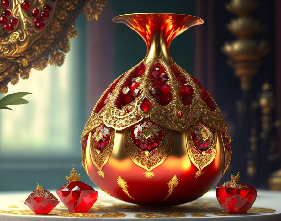 Golden-red vase with gemstones, rubies, and lavish mirror in ornate design