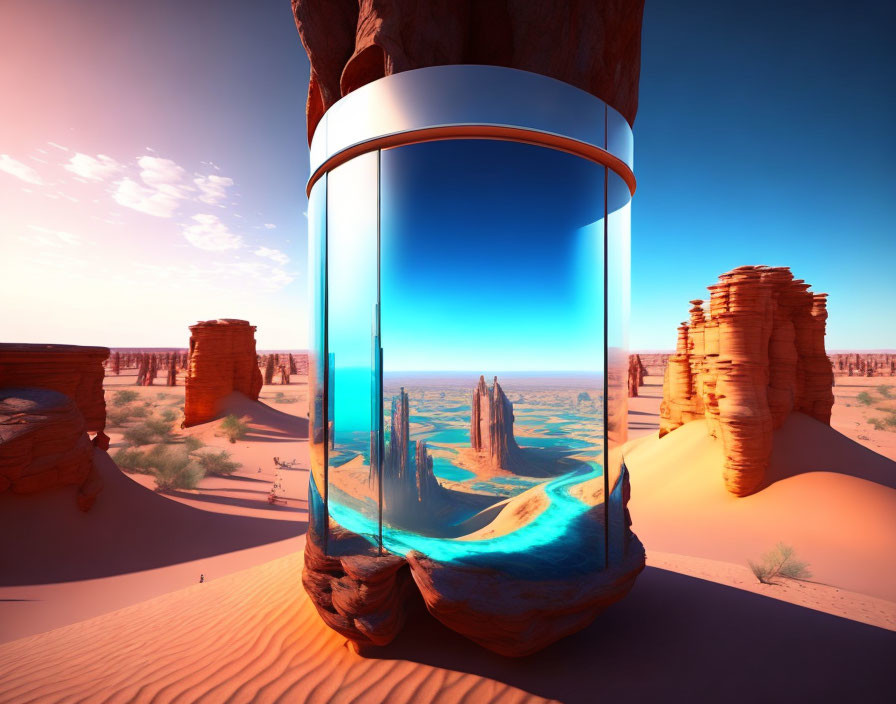 Futuristic glass capsule showcases oceanic scene and desert cliffs