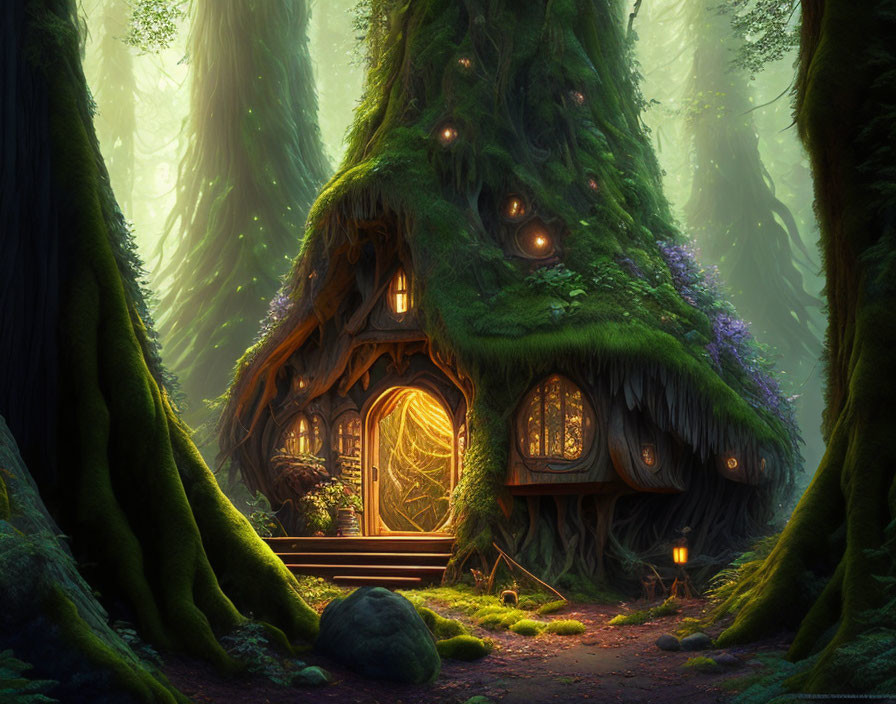 Enchanted forest scene with cozy fairy-tale treehouse