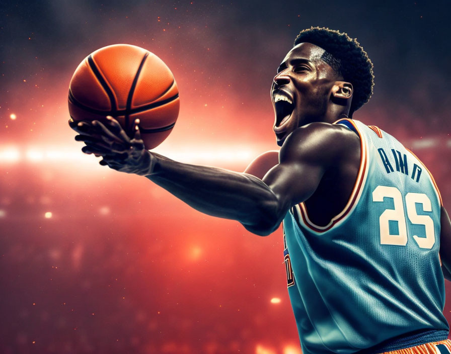 Basketball player in blue and orange jersey reaching for ball on red backdrop