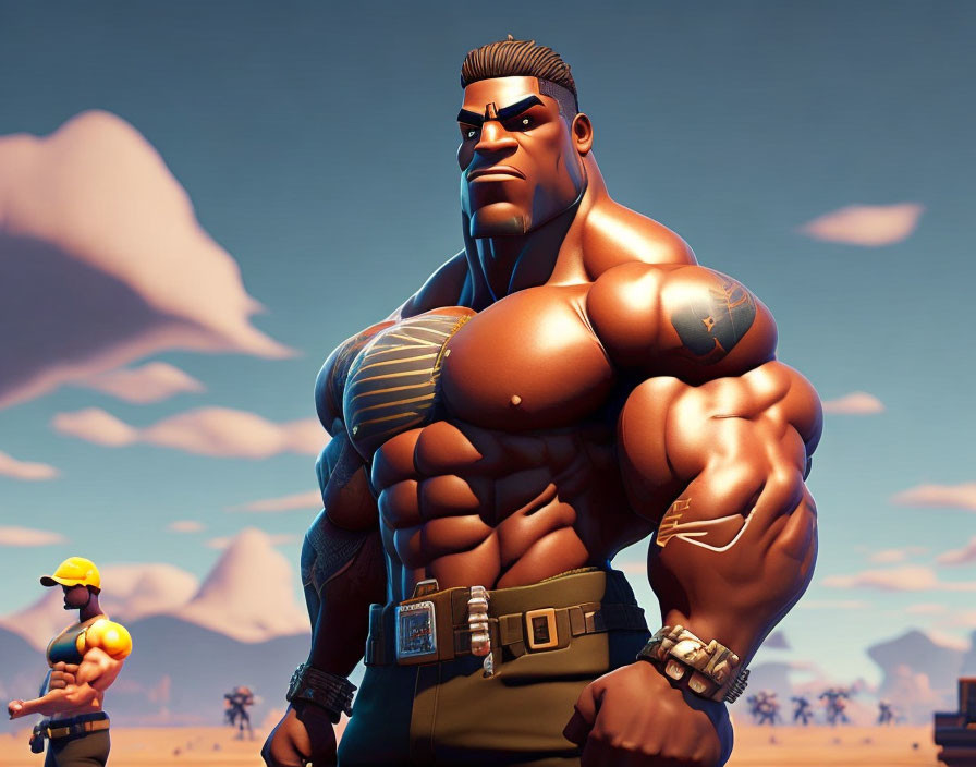 Muscular animated character in confident pose in desert landscape