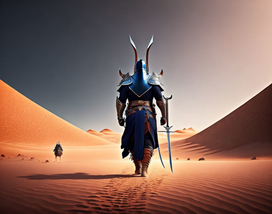 Armored warrior with drawn sword faces camel rider in desert dusk