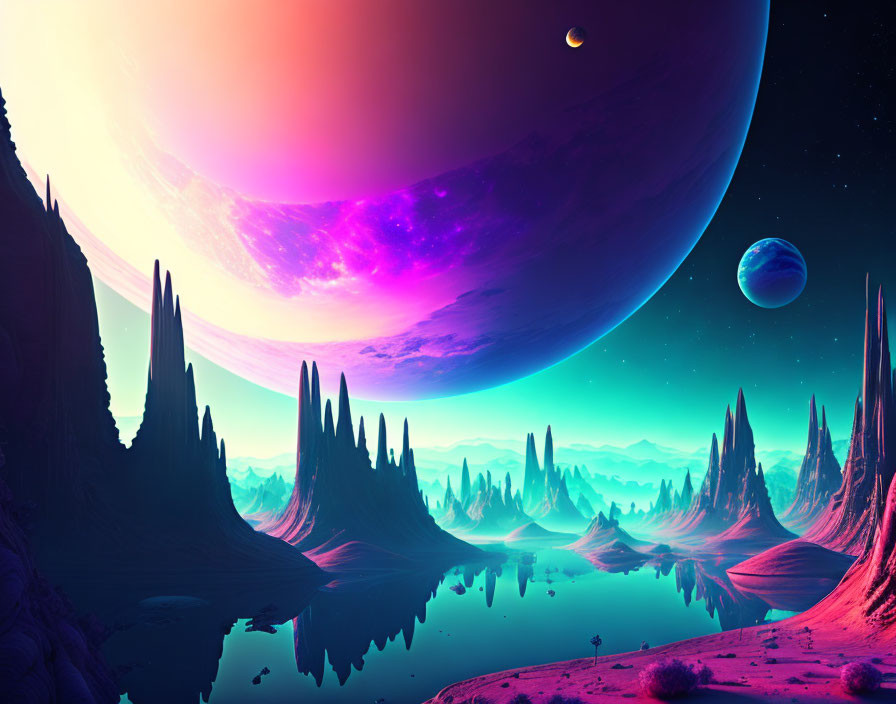 Sci-fi landscape with spiky rock formations and two planets in a purple sky