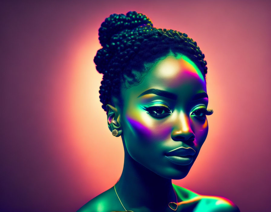 Portrait of woman with braided hair on pink background with neon lights