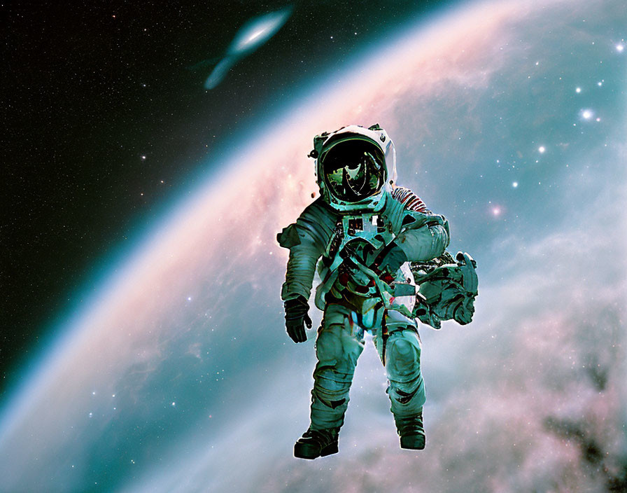 Astronaut in white spacesuit floats above Earth with comet in star-filled space.