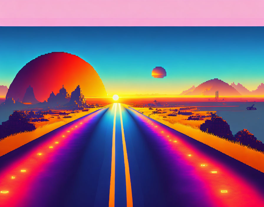 Futuristic digital artwork: neon-lit highway, mountains, floating structures