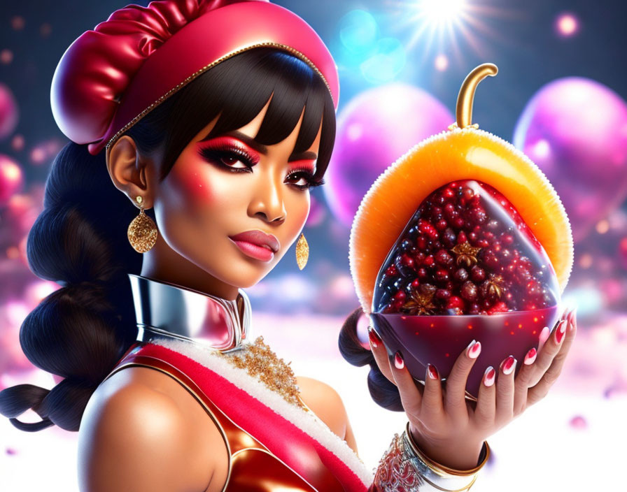 Illustrated woman in stylized outfit with passion fruit and shimmering lights