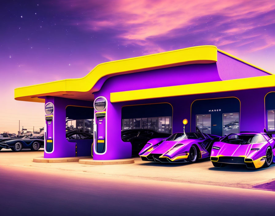 Purple-themed gas station with luxury cars at dusk