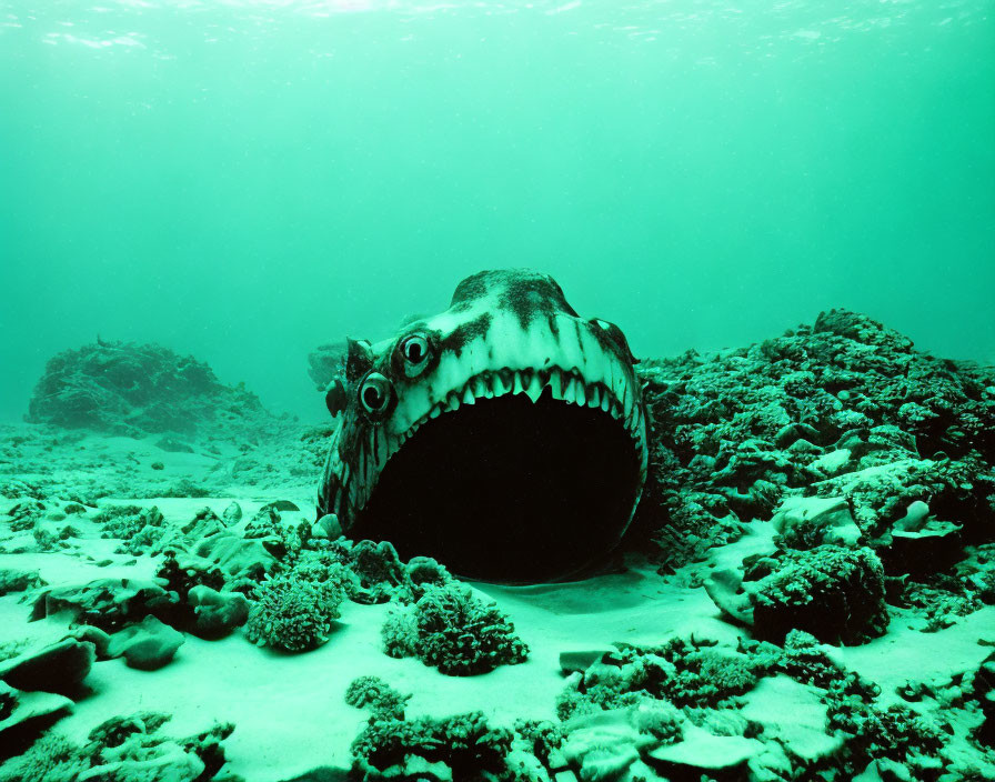 Camouflaged large fish on rocky ocean floor with coral reefs