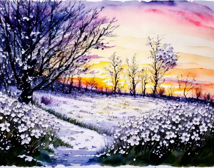 Colorful watercolor painting: sunset over meadow with trees & flowers