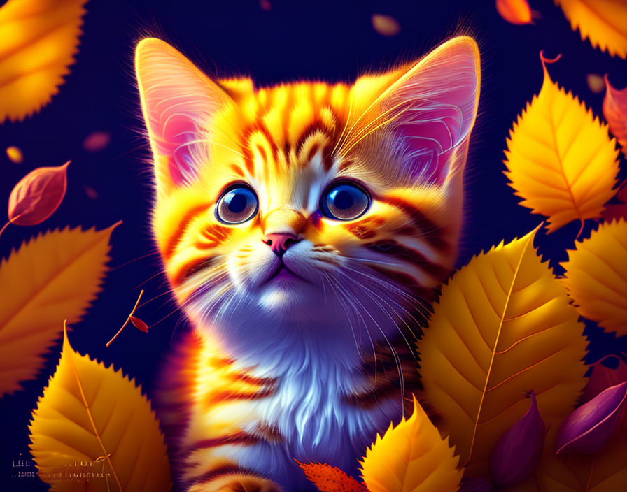 Orange Striped Kitten with Blue Eyes in Autumn Leaves on Blue Background