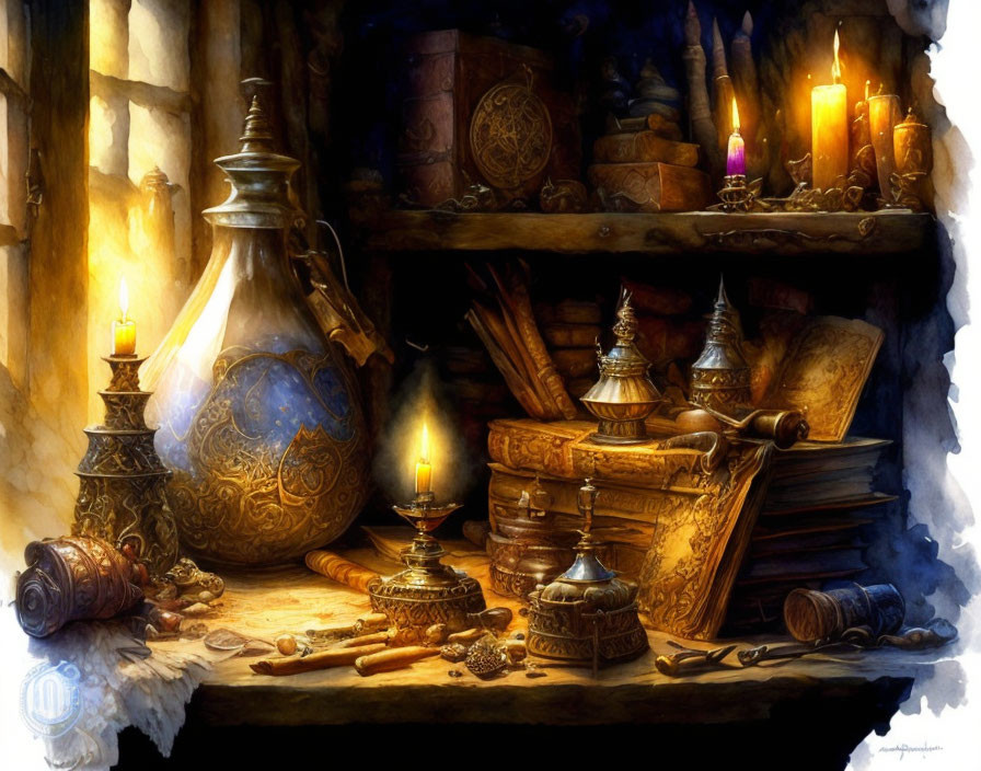 Mystic still life: ornate jug, candles, old books, scrolls, alchemist's