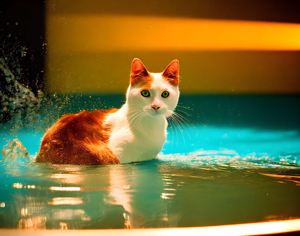 White and Ginger Cat with Green Eyes Sitting in Backlit Water