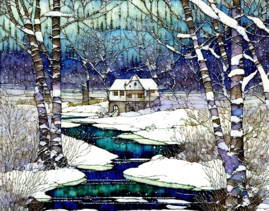 Snow-covered trees, cozy house, gentle snowfall, blue river - Winter Landscape Scenery