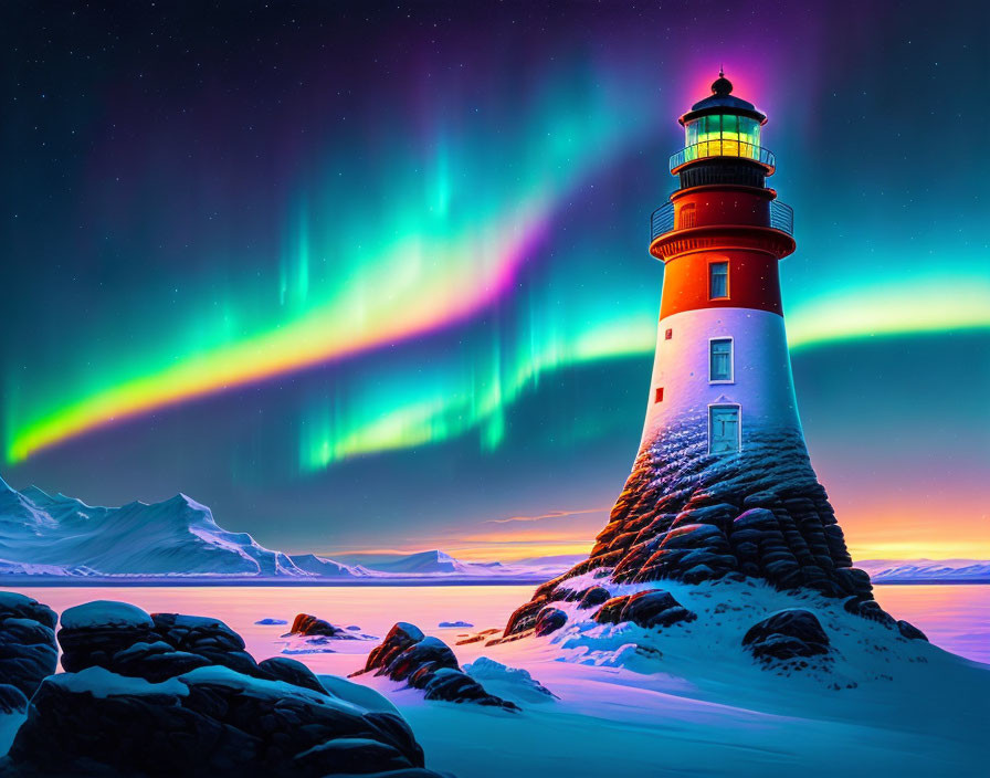 Vibrant aurora borealis over snowy lighthouse landscape