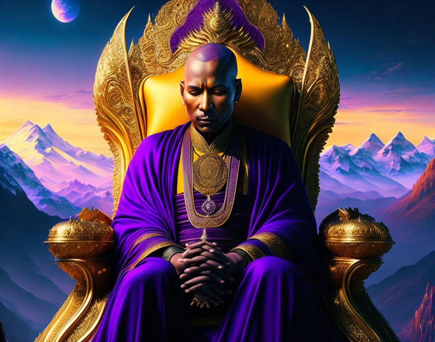 Regal figure in purple robes on golden throne against mountain backdrop