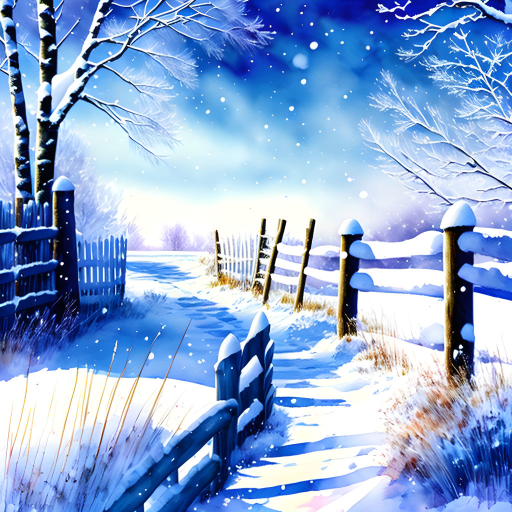 Winter landscape with snow-covered ground, trees, wooden fence, and falling snowflakes