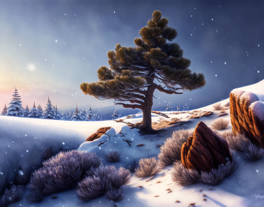 Tranquil winter dusk scene with snow-covered pine tree, rocks, and falling snowflakes